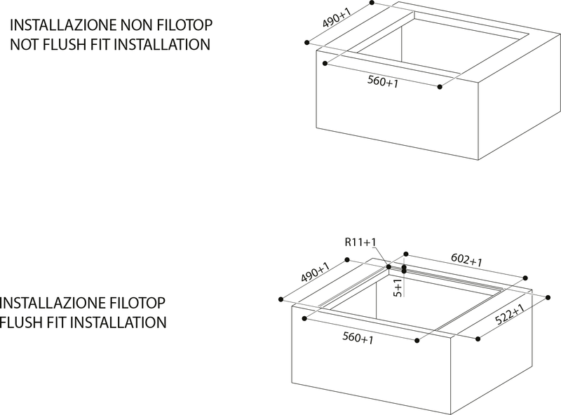 Disegno Tecnico - CAPPA GALILEO SMART BK F600 + KIT LL H80 - in colore vetro nero - codice prodotto 340.0627.228 - nella misura 60x50 cm - tipologia piano aspirante