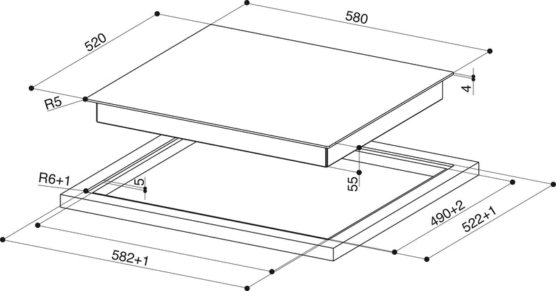 Disegno Tecnico - PIANO A INDUZIONE FBH 64 DF - in colore vetro dark forest - codice prodotto 108.0740.800 - nella misura 60x50 cm - tipologia piano a induzione