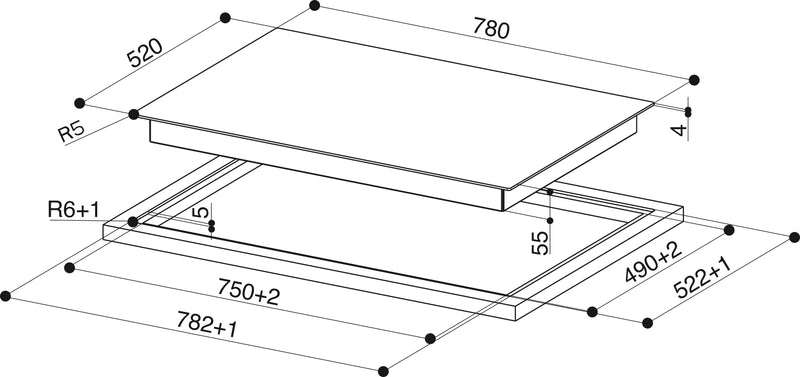 Disegno Tecnico - PIANO A INDUZIONE FCH 84 DF KL - in colore vetro dark forest - codice prodotto 108.0740.871 - nella misura 80x50 cm - tipologia piano a induzione