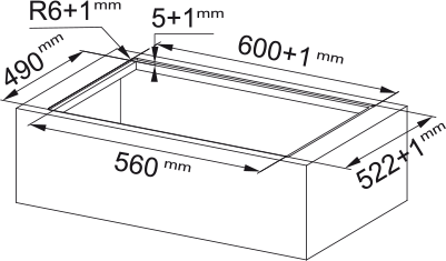 Disegno Tecnico - PIANO ASPIRANTE GALILEO SLIM F600 - in colore vetro nero - codice prodotto 340.0708.974 - nella misura 60x50 cm - tipologia piano aspirante