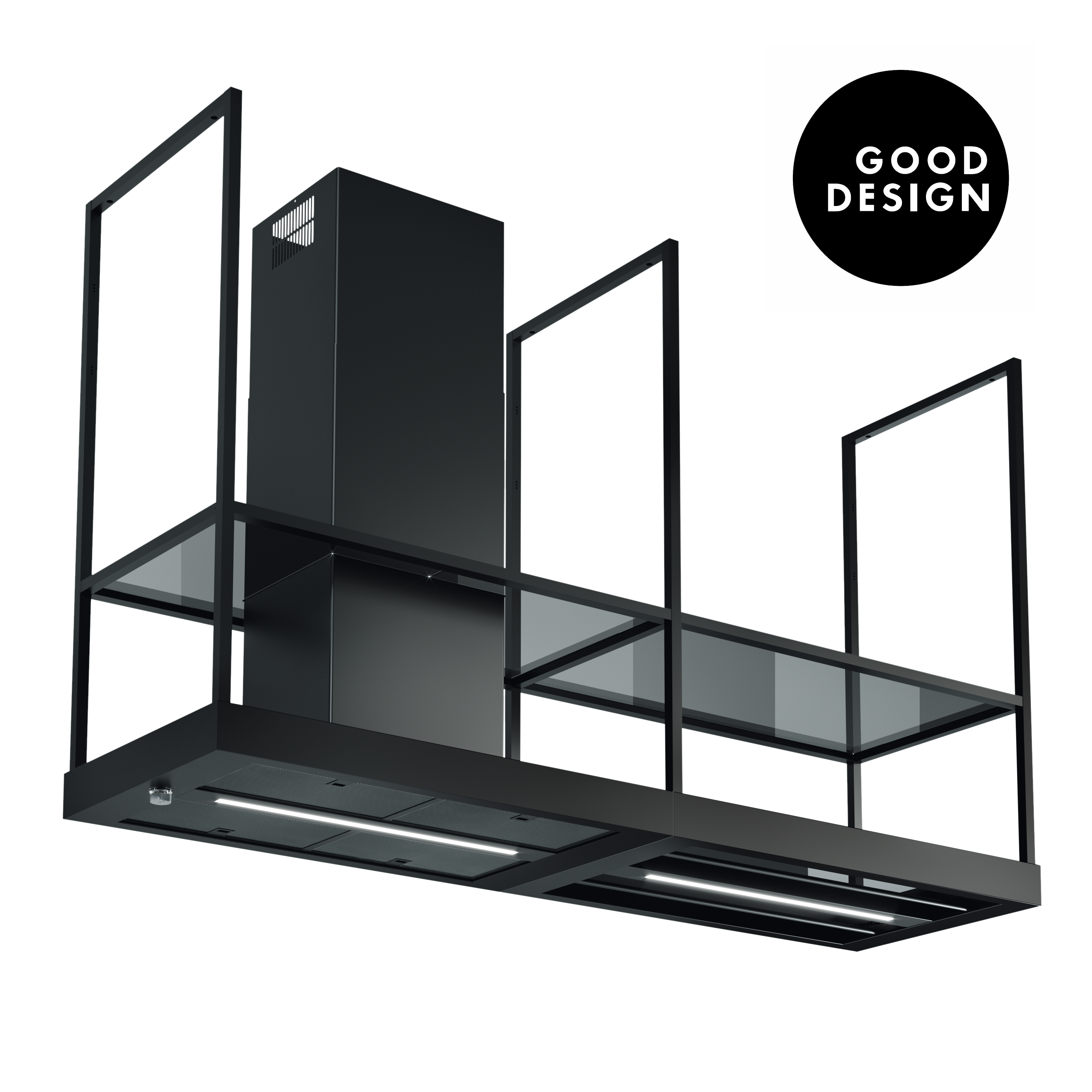 Good Design Award 2026 - Immagine Prodotto - CAPPA T-SHELF EV8 BK MATT A180/2 - in colore nero matt - codice prodotto 325.0606.131 - nella misura Over 121 cm - tipologia cappa a isola
