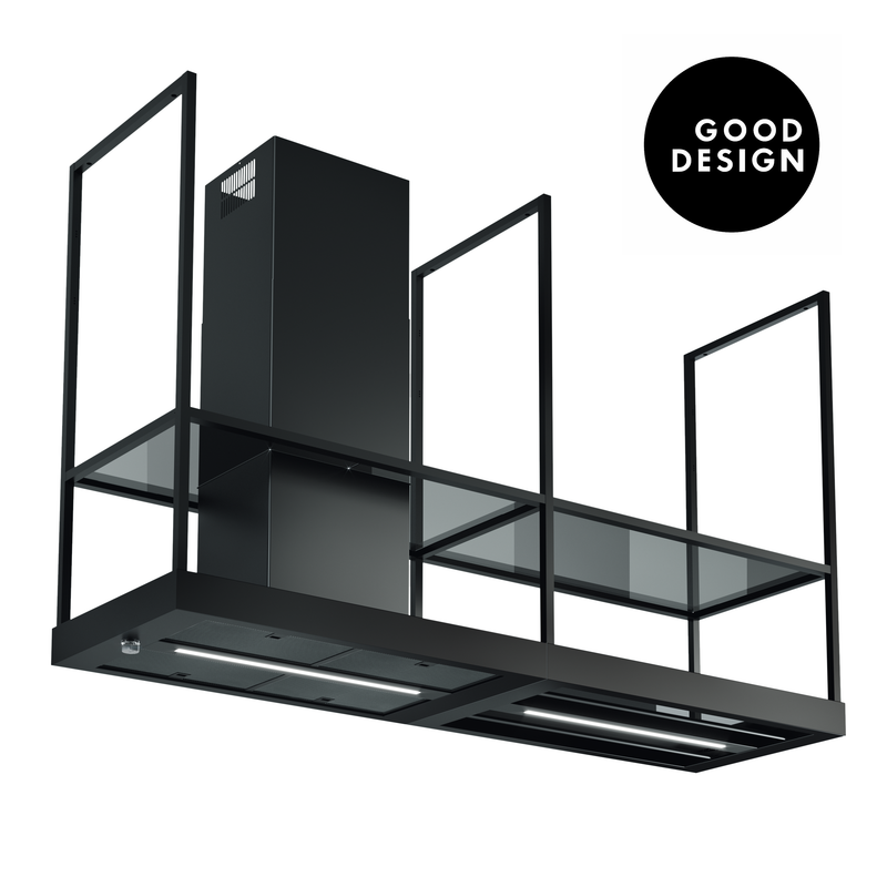 Good Design Award 2026 - Immagine Prodotto - CAPPA T-SHELF EV8 BK MATT A180/2 - in colore nero matt - codice prodotto 325.0606.131 - nella misura Over 121 cm - tipologia cappa a isola