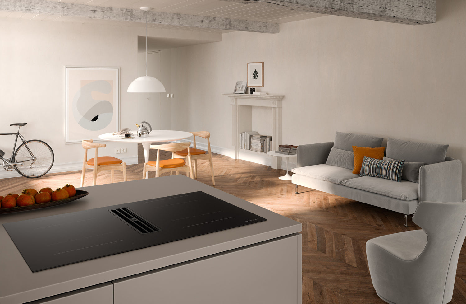 Immagine Ambientale - PIANO ASPIRANTE GALILEO PURE BLACK - in colore vetro nero opaco - codice prodotto 340.0744.741  - nella misura 83x52 cm - tipologia piano aspirante