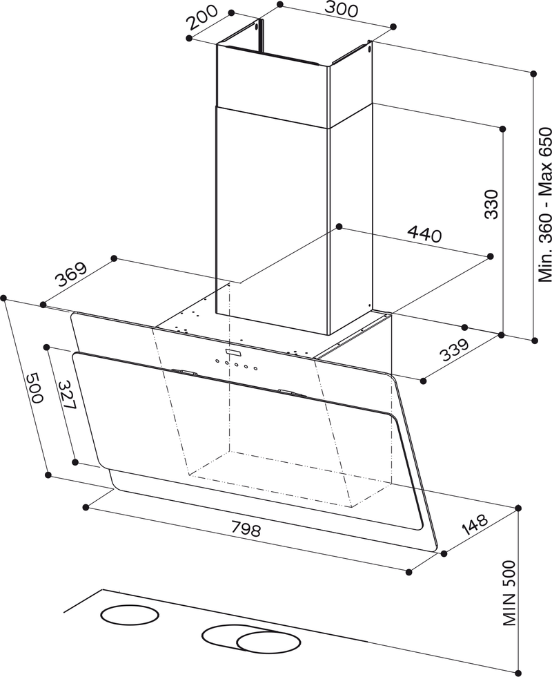 Disegno Tecnico - CAPPA COCKTAIL BK A80 EG8/2 - in colore nero - codice prodotto 330.0513.623 - nella misura 71-90 cm - tipologia cappa a parete