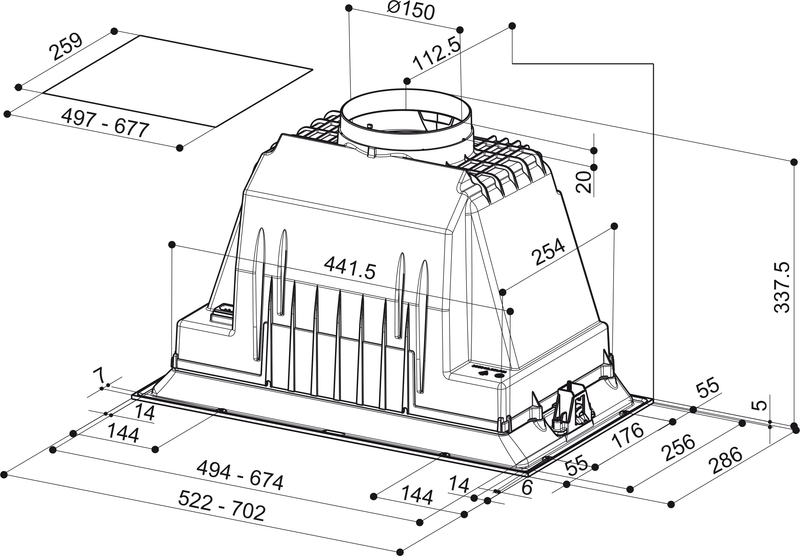 Faber Cappa da incasso Inka Plus HC X A52/2 Acciaio inox. Disegno tecnico. Codice prodotto 305.0602.047
