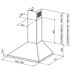 Disegno Tecnico - CAPPA VALIA 600 NOIR/1 - in colore nero - codice prodotto 320.0557.524 - nella misura 51-60 cm - tipologia cappa a parete