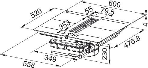 Faber Piano cottura aspirante Galileo Slim A600 Vetro nero. Disegno tecnico. Codice prodotto 340.0708.975