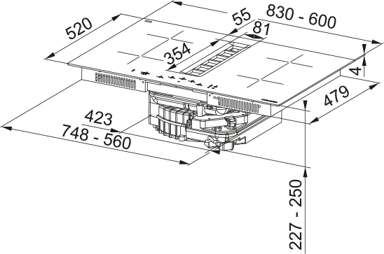 Disegno Tecnico - PIANO ASPIRANTE GALILEO SLIM RING F600 - in colore vetro nero - codice prodotto 340.0731.891 - nella misura 60x50 cm - tipologia piano aspirante