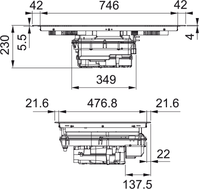 Faber Piano cottura aspirante Galileo Linear A830 Vetro nero. Disegno tecnico. Codice prodotto 340.0708.972