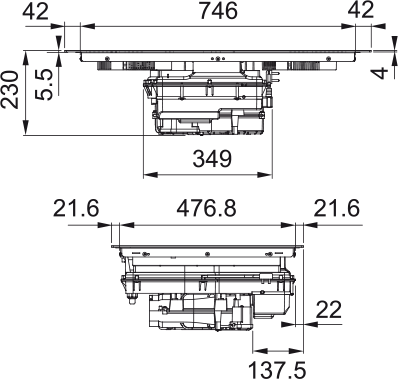 Faber Piano cottura aspirante Galileo Bold A830 Vetro nero. Disegno tecnico. Codice prodotto 340.0708.973