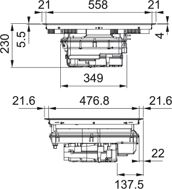 Faber Piano cottura aspirante Galileo Slim A600 Vetro nero. Disegno tecnico. Codice prodotto 340.0708.975