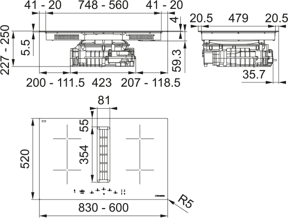 Disegno Tecnico - PIANO ASPIRANTE GALILEO SLIM RING A600 - in colore vetro nero - codice prodotto 340.0731.890 - nella misura 60x50 cm - tipologia piano aspirante